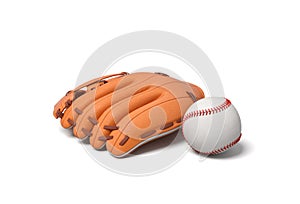 3d rendering of a white baseball with red stitching lying near an orange leather mitt on a white background.