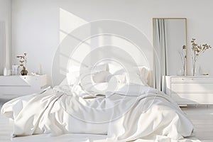 3D rendering of a white bedroom with white walls, a mirror and a white bedding on a comfortable bed