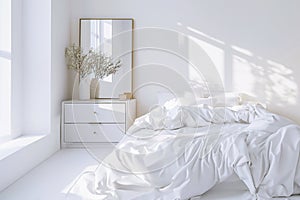 3D rendering of a white bedroom with white walls, a mirror and a white bedding on a comfortable bed