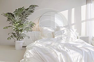 3D rendering of a white bedroom with white walls, a mirror and a white bedding on a comfortable bed