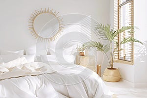 3D rendering of a white bedroom with white walls, a mirror and a white bedding on a comfortable bed