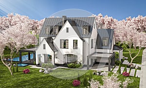 3d rendering of white and black modern Tudor house in evening isolated on gray