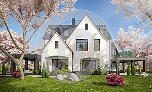 3d rendering of white and black modern Tudor house in evening isolated on gray