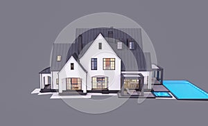 3d rendering of white and black modern Tudor house in evening isolated on gray