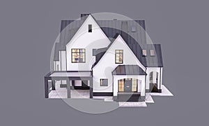 3d rendering of white and black modern Tudor house in evening isolated on gray