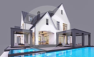3d rendering of white and black modern Tudor house in evening isolated on gray