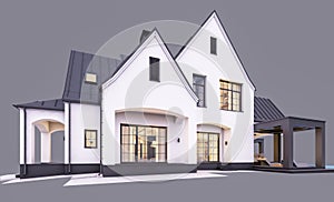 3d rendering of white and black modern Tudor house in evening isolated on gray