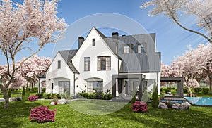 3d rendering of white and black modern Tudor house in spring day