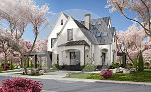 3d rendering of white and black modern Tudor house in spring day