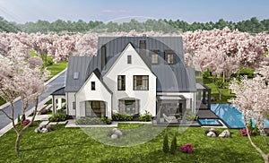 3d rendering of white and black modern Tudor house in spring day