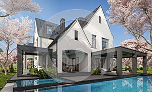 3d rendering of white and black modern Tudor house in spring day