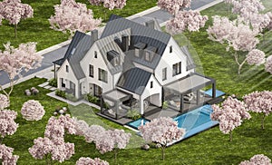 3d rendering of white and black modern Tudor house in spring day