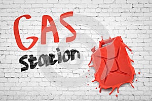 3d rendering of white brick wall with title `GAS station` and red jerrycan smashed into wall.