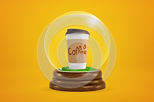 3d rendering of white and brown coffee paper cup inside glass ball globe on amber background.