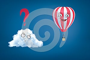 3d rendering of white cartoon smiley cloud with question mark above and happy cartoon smiley hot air balloon on blue
