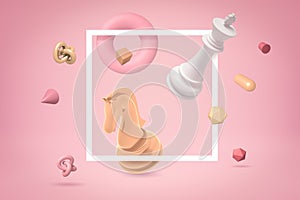 3d rendering of white chess king and golden chess knight with random objects on pink background