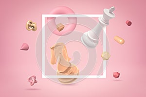 3d rendering of white chess king and golden chess knight with random objects on pink background