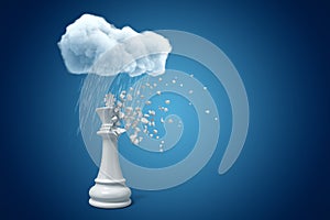 3d rendering of white chess king standing under raining cloud, upper part of chesspiece dissolving in particles, on blue