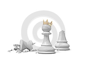 3d rendering of a white chess pawn wearing a gold crown and standing near a broken white king piece.