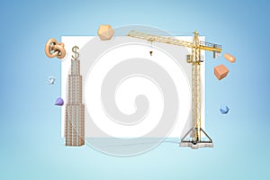 3d rendering of white copy space surrounded with geometric shapes, skyscraper and building crane