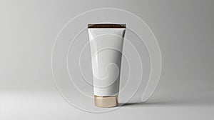 A 3D rendering of a white cosmetic bottle with a golden cap and metallic ring isolated on white. An abstract mockup of a