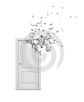 3d rendering of white door starting to dissolve into pieces from top right corner isolated on white background.