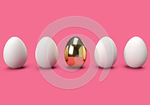 3d rendering of white egg and gold egg row on pink background, 3d minimal concept for Easter egg festival