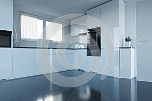 3d rendering of white elegante kitchen with natural stone tiles