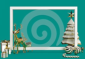 3d rendering of white frame with reindeer, christmas tree, gift box, candy cane and christmas ball. 3d minimal concept blank space