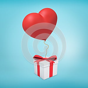 3d rendering of white gift box tied with red ribbon and with red heart-shaped balloon attached to it on wick.