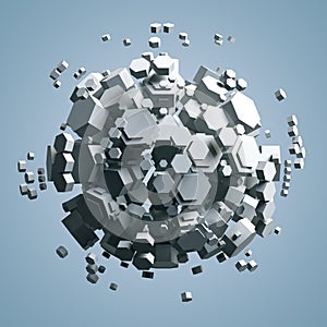 3D rendering of white hexagonal prism. Sci-fi background. Abstract sphere in empty space.