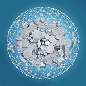 3D rendering of white hexagonal prism. Sci-fi background. Abstract sphere in empty space.
