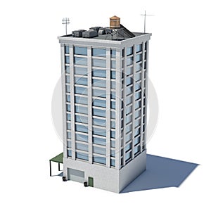 3d rendering of a white high office building with many large windows and a garage on the ground floor.