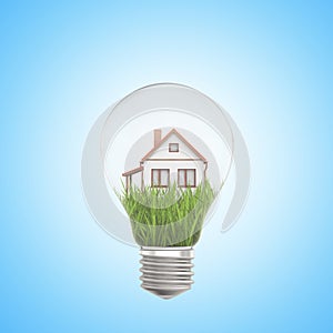 3d rendering of white house on green grass inside a light bulb on blue background