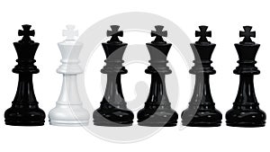 3D rendering of a white king chess piece in black king chess on a white background, distinction as a leader, leadership, teamwork