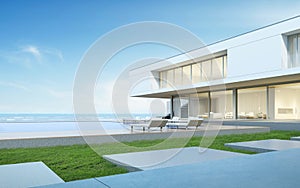 3D rendering of white modern house with swimming pool on nature background, Exterior with large window design