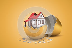 3d rendering of white private house with broken roof hatching out of golden egg on yellow background