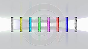 3d rendering of a white and reflective futuristic room with eight colored tubes corresponding to the colors bars