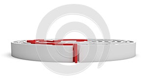 3d rendering of a white round maze with a red arrowed line showing the way out.