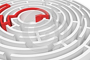3d rendering of a white round maze with a red arrowed line showing the way out in close-up view.