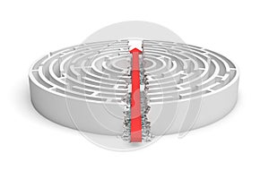 3d rendering of a white round maze in side view divided in half by a red arrow line.