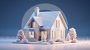 3D rendering of a white snow house is nestled among trees in a winter wonderland.