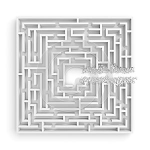 3d rendering of a white square maze with a direct route cut right to the center.