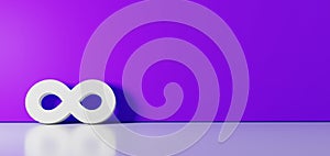 3D rendering of white symbol of infinity icon leaning on color wall with floor reflection with empty space on right side