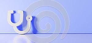 3D rendering of white symbol of stethoscope icon leaning on color wall with floor reflection with empty space on right side