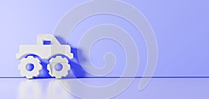3D rendering of white symbol of truck monster icon leaning on color wall with floor reflection with empty space on right side