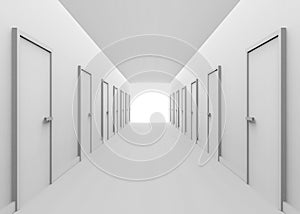 3d rendering. White tone Hallway and many doors with light and the end of the way. several Selection to the goal or success in bus