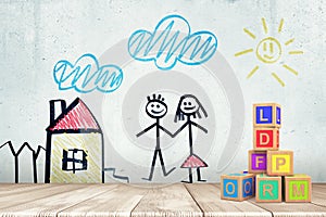 3d rendering of white wall with drawing of house, sky, and boy and girl holding hands, and pile of wooden alphabet