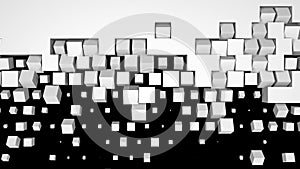 3D rendering of a white wall fragmentation into cubes isolated on a black background. Geometric pattern of crushing and