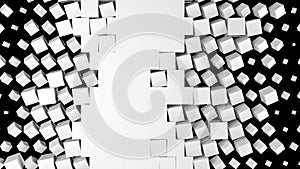 3D rendering of a white wall fragmentation into cubes isolated on a black background. Geometric pattern of crushing and